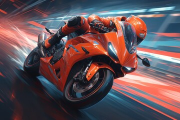 A dynamic and action-packed wallpaper featuring an aggressive riding his orange motorcycle at high speed, with motion blur around