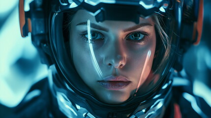 woman wearing a futuristic helmet stares directly at the camera, her expression neutral and focused - obrazy, fototapety, plakaty