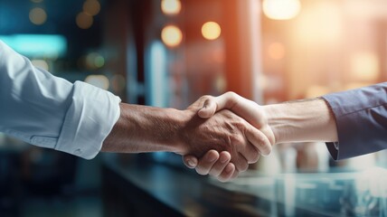 Handshake between two people in a professional setting, symbolizing agreement or greeting.