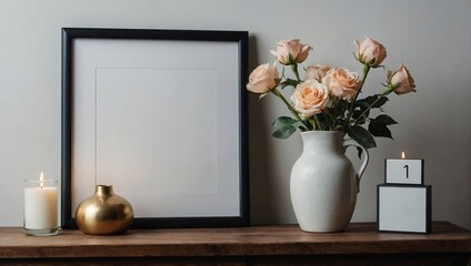 Empty frame with vase for mockup
