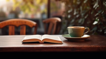 Open book and a cup of coffee on a wooden table with natural backdrop.