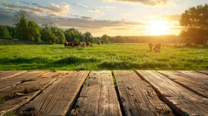 beautiful sunrise on the farm on a wooden board perfect for placing objects in high resolution - obrazy, fototapety, plakaty