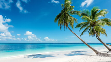 Fototapeta na wymiar Tropical Paradise Getaway, Palm Trees Swaying on White Sandy Beach Against Turquoise Waters