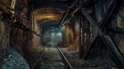 dimly lit mine shaft with a railway track running through it, reflecting the glow of lights mounted on the walls