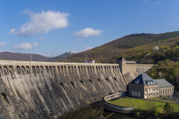 View to the dam of the german lake Edersee - obrazy, fototapety, plakaty