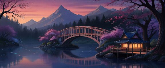 bridge over a river surrounded by cherry blossoms - obrazy, fototapety, plakaty