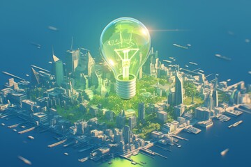 A light bulb glowing green in the center of an illuminated cityscape, symbolizing sustainable energy and environmental friendliness. 