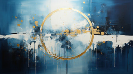 Oil Painting on Dark Blue Background with A White and Yellow Circular Light Objects Designs