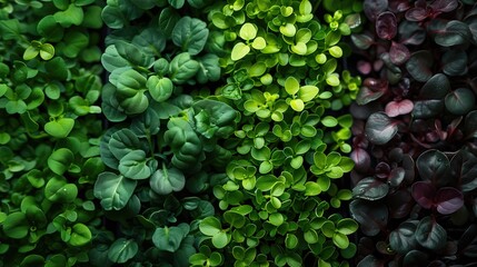 Closeup of a terrestrial microgreen plant with green and purple leaves