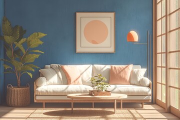 A photo of an interior design with vibrant colors, white sofa and coffee table against blue wall, framed picture on the wall