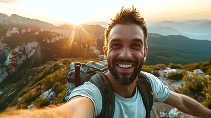 Happy traveler taking a selfie at sunset in the mountains. Joyful hiking adventure captured in a vibrant photo. Outdoor lifestyle, freedom and nature exploration theme. AI - obrazy, fototapety, plakaty