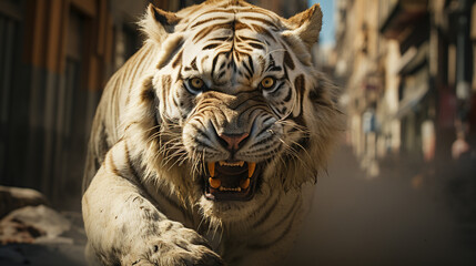 A Tiger Chasing People On The Bustling Gran Via Street