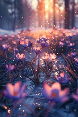 Fototapeta na wymiar Purple Crocus Flowers in Spring in rain. ai generated