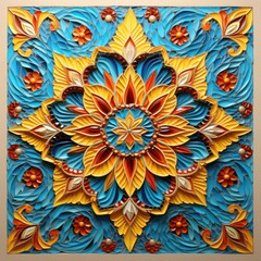 Vibrant Symmetrical Mosaic Tile Design in Blue, Yellow, and Orange