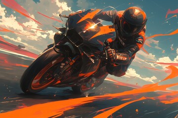 A riding a motorcycle at high speed, with a motion blur background, in a dynamic composition