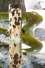 Rust corrosion Iron fence. Old rusted metal railing fence. Grunge rusted metal texture. Rusty...