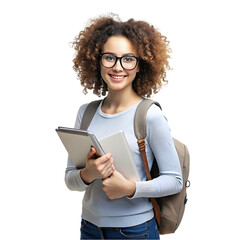 young curly student woman wearing backpack glasses