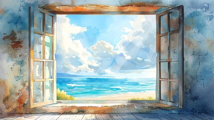 watercolor illustration the view from old smoked wooden window to the sea.
