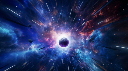 exploding blue and purple planet surrounded by rocks, rays of light shooting out, shining bright galaxy banner, dark space wallpaper