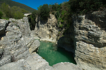 View of bridge on the Metauro river near Fossombrone in the Marche region, Italy - 780742127