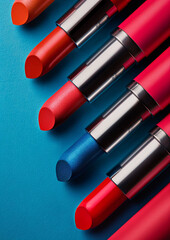 vertical shot close up of lipstick in a row on blue background for advertisement, lipsticks commercial banner