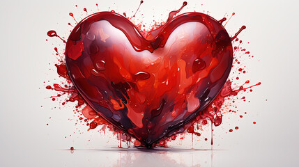 Dark Red Shiny and Fluffy Wet Heart Shape With Dripped Red Color On White Background