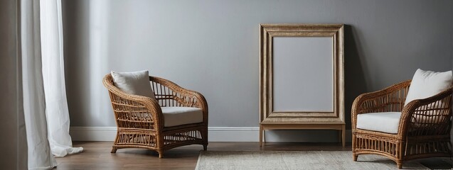 Frame mockup with wicker lounge chair