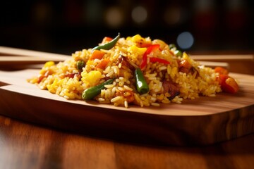 Tempting fried rice on a wooden board against a chenille fabric background