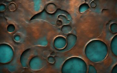 Copper and teal patina texture, weathered metal surface, elegant aging effect, abstract industrial design - obrazy, fototapety, plakaty