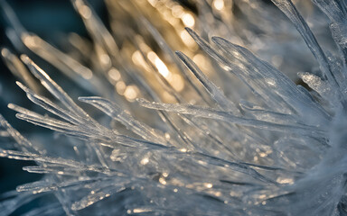 Crystalline ice texture on window, macro photography, intricate frost patterns, winter-inspired abstract art