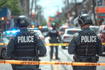 Law enforcement personnel in conversation at sealed-off crime site