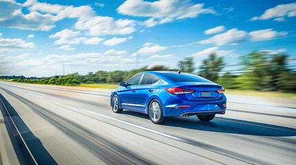 Fototapeta na wymiar Sleek blue sedan speeding down the highway under a clear sky. Perfect image for automotive ads. Dynamic road trip concept. Modern vehicle in motion. AI