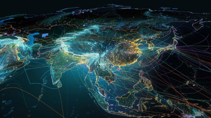 Interactive global network map, emphasizing China, portraying intricate data and information exchange routes