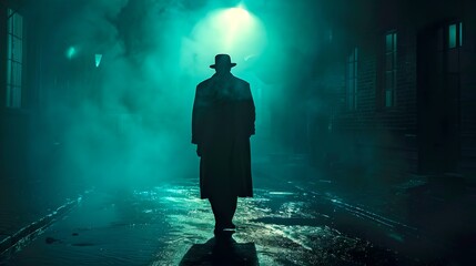 Mysterious Figure in Foggy Alley at Night. Suspense and Film Noir Style Imagery. Ideal for Thriller Themes. AI