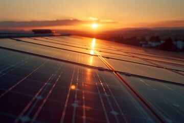 Golden sunrise over solar panels symbolizing sustainable energy and new beginnings.

