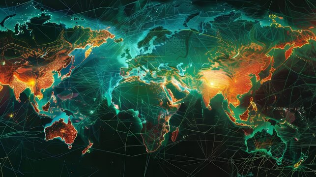 High-tech map of global data exchange, with China as a nexus of cyber communication, business links glowing