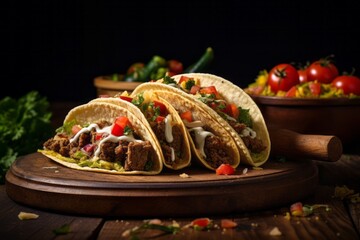 Exquisite tacos on a wooden board against a chenille fabric background