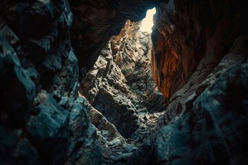Majestic cave opening with radiant sunlight illuminating rocky textures, evoking a sense of adventure and exploration in a natural setting.

