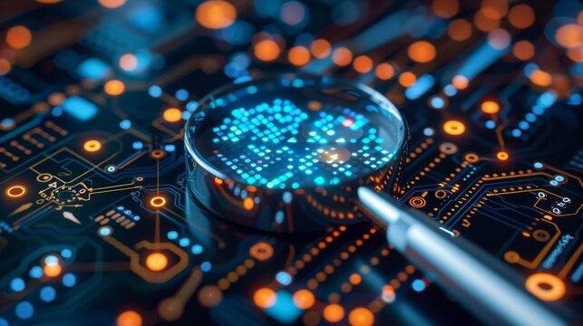 Closeup of Blockchain for combating counterfeit goods represented by a detective game where players uncover fakes and protect the market