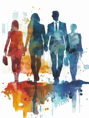 Abstract watercolor group walking in business attire - A group of professionals depicted in watercolor, reflecting unity and collaboration in a corporate setting