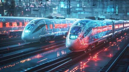Futuristic trains crossing a cyber world map, depicting seamless global information exchange and connectivity - obrazy, fototapety, plakaty