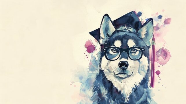 Husky with a graduation cap on a canvas - A serene husky wearing a graduation cap illustrated on a watercolor background with floral motifs