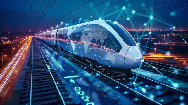 Futuristic trains crossing a cyber world map, depicting seamless global information exchange and connectivity