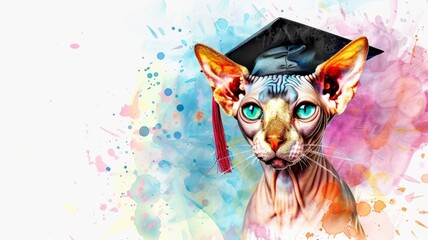 Sphynx cat in cap on abstract background - An abstract digital art of a sphynx cat with a graduation cap on a vibrant, splashy background