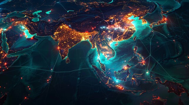 Dynamic visualization over South East Asia on a world map, showcasing the flow of information in the digital age
