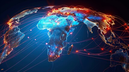 Digital world map highlighting Africa, vibrant data streams crisscrossing continents, symbolizing global connectivity - obrazy, fototapety, plakaty