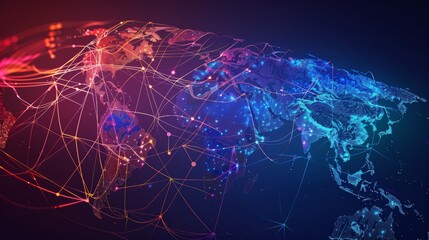 Digital world map highlighting Africa, vibrant data streams crisscrossing continents, symbolizing global connectivity