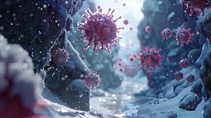 A 3D animated scene showing the spread of a virus through airborne droplets in a closed environment - obrazy, fototapety, plakaty