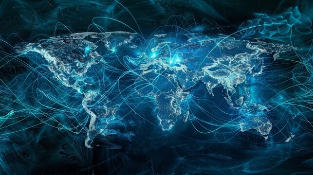 Digital veins of information exchange across a world map, cyber lines converging on Antarctica, global unity