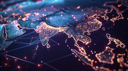 Cybernetic world map with Asia at the heart, visualizing real-time data transfer and international connectivity